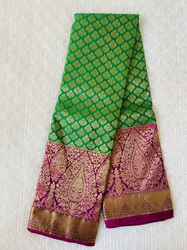 Kanchipuram/Kanchivaram handloom pure silk saree | parrot green and purple | Silk Mark | Ships from California